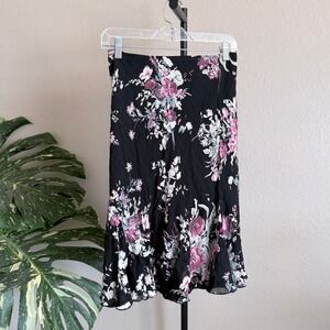 Y2K  Floral Midi Skirt Black Flowy Ruffle Hem Vintage Boho Skirt S Low Rise